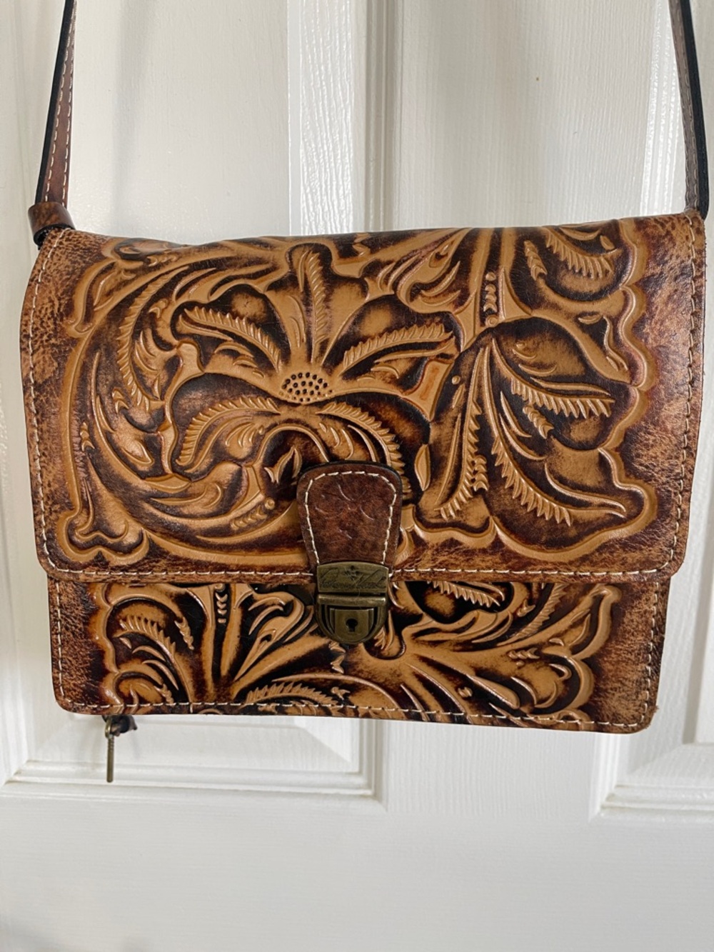 Patricia Nash Two-Tone Brown & Tan Tooled Leather Shoulder Bag